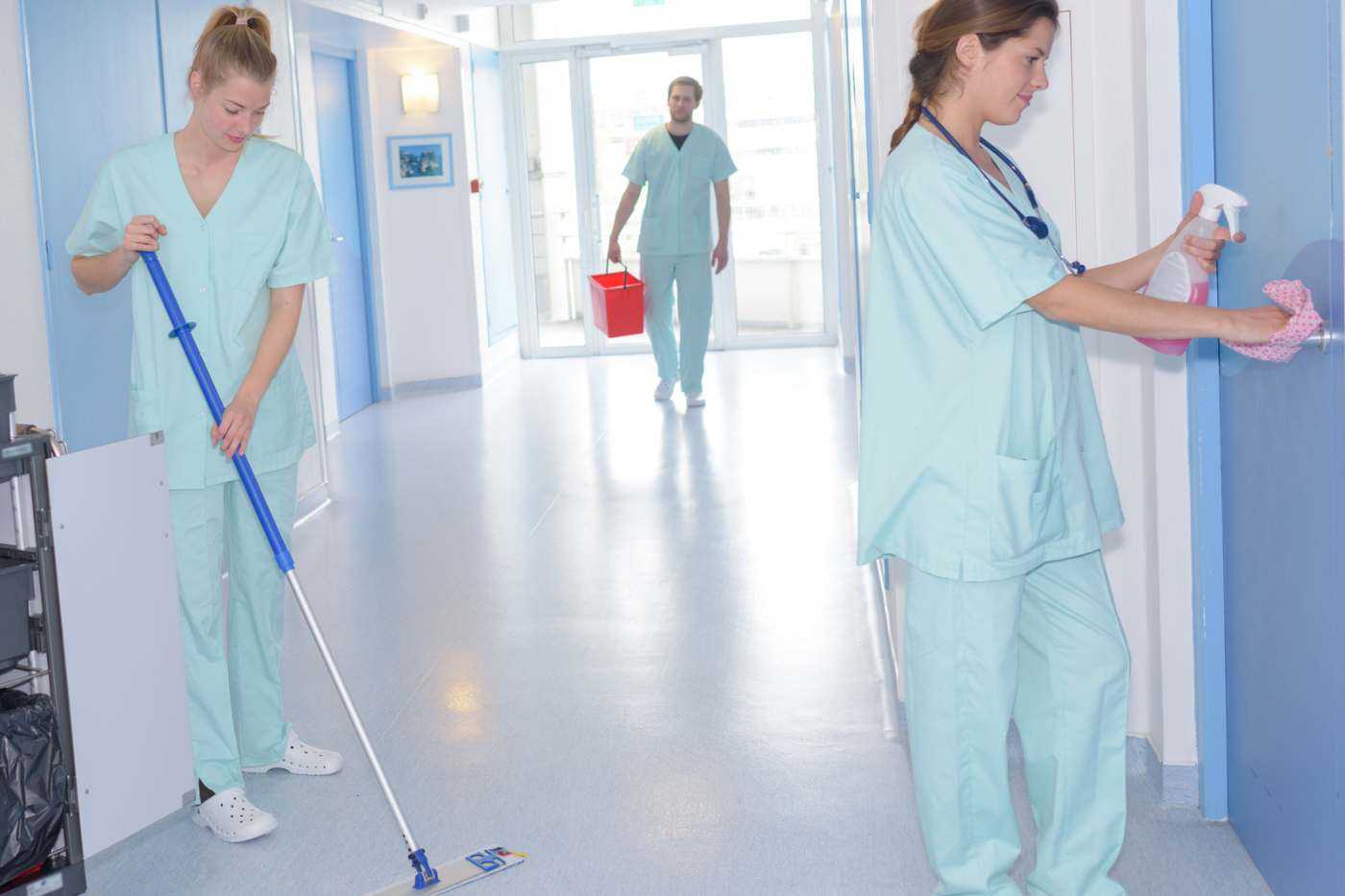 Cleaning Crew Cleaning Hospital Corridor