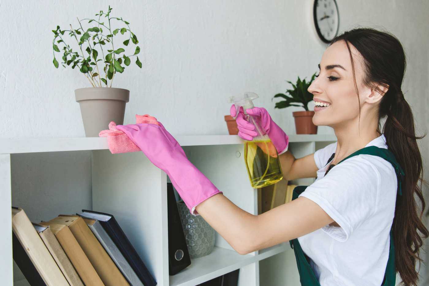 Woman Cleaning A Bookcase In An Office